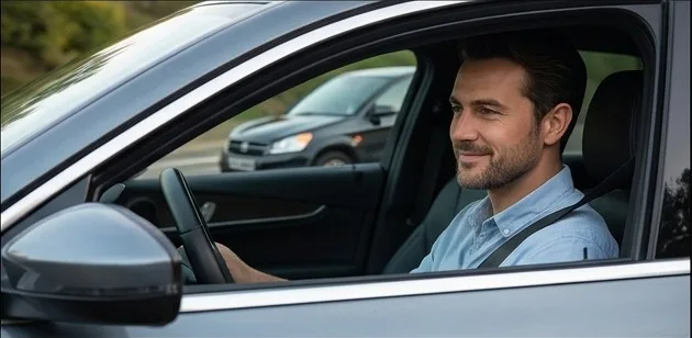 A driver smiling calmly through his open window while another car crowds him from behind.