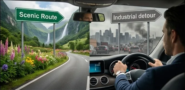 A fork in the road: a scenic route through green hills and waterfalls on one side, a grey industrial detour choked with traffic on the other.