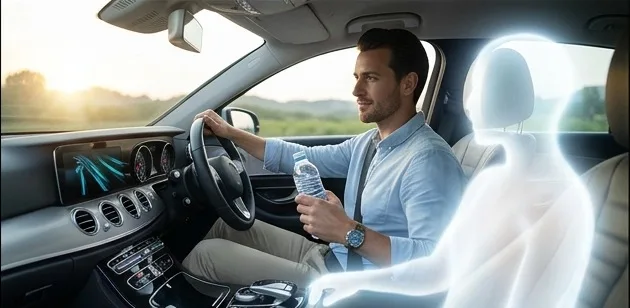A driver holding out a bottle of water to a glowing, translucent passenger sitting beside him at sunrise.